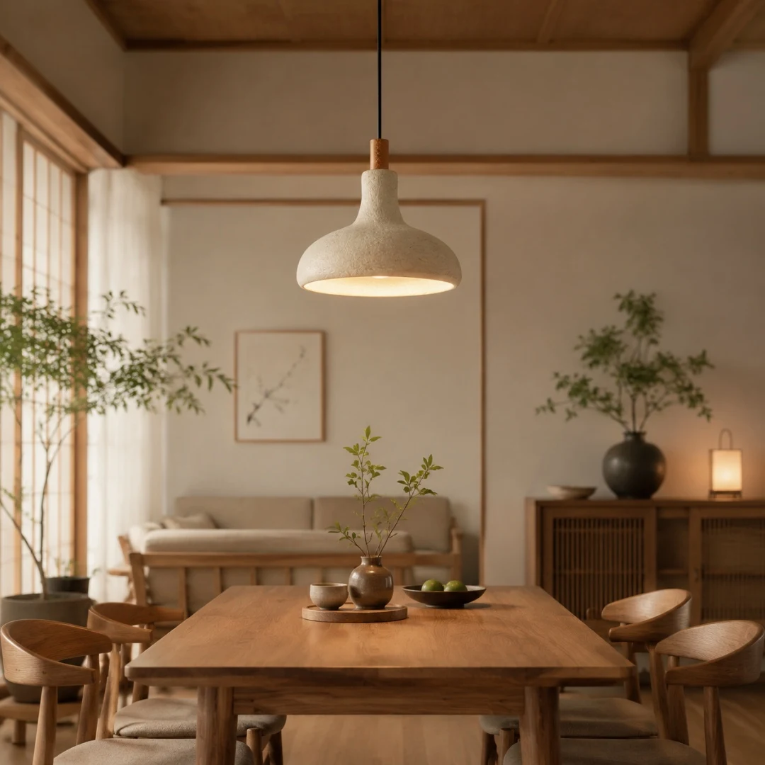 Rice paper pendant lamp lighting a natural wood dining and living room