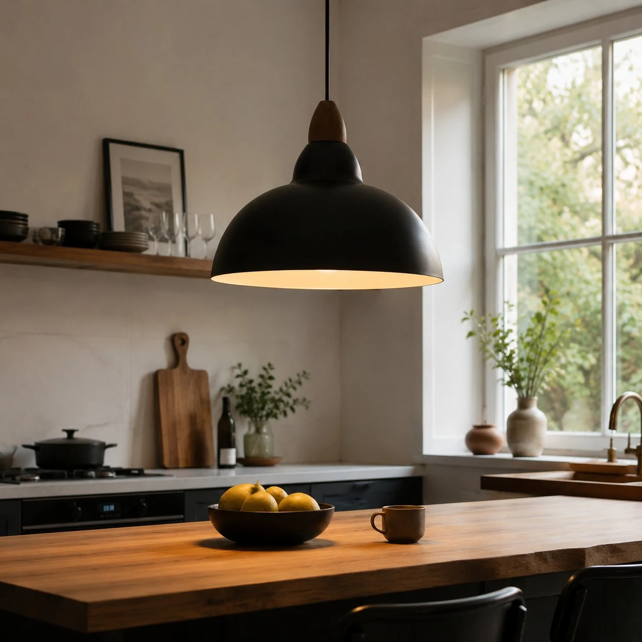 black pendant light over a warm kitchen worktop