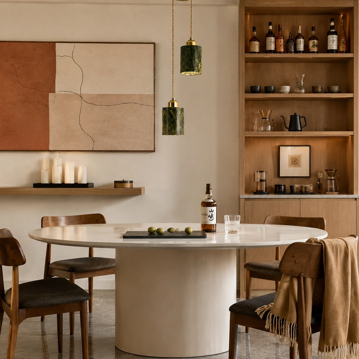 Two green jade cylinder pendant lights above a warm wood and marble dining table