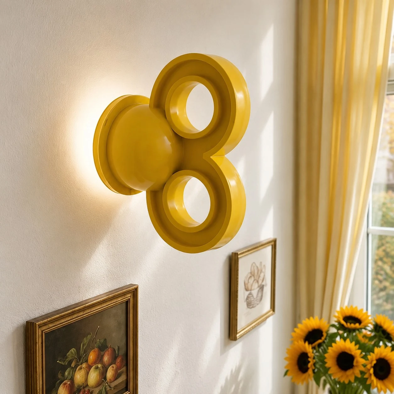 Yellow wall light near framed art and yellow curtains