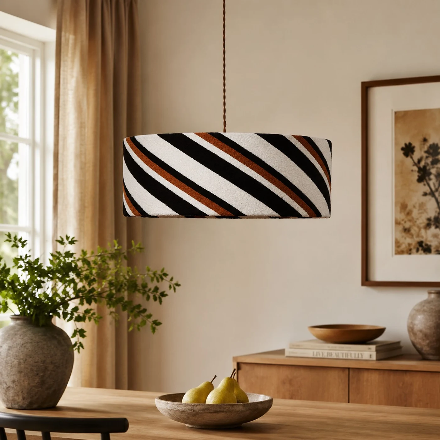 Striped fabric pendant light room detail