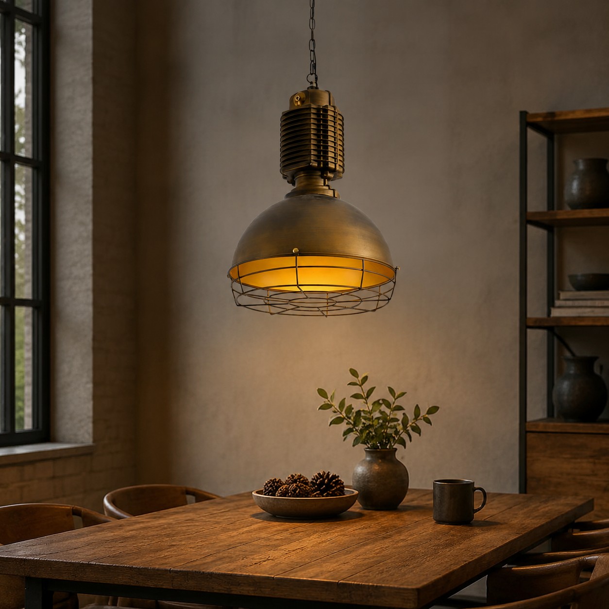 Antique brass pendant light over a warm industrial table