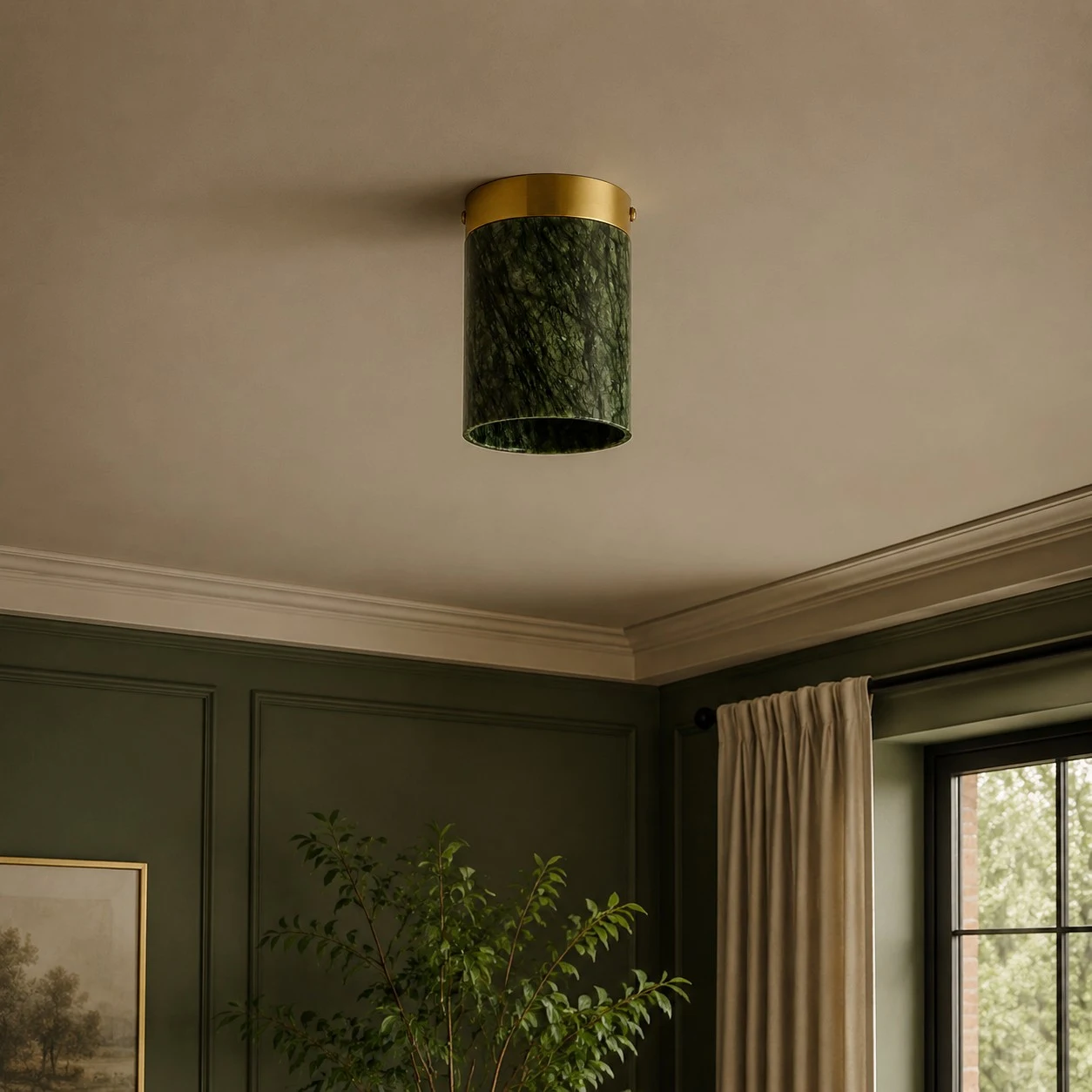 vintage green and gold ceiling light in a hallway scene