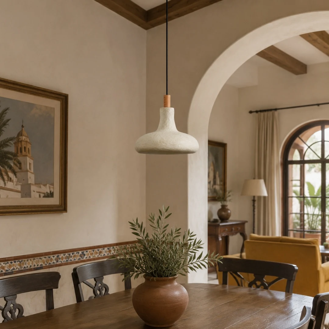 Pendant lamp installed in a warm hallway dining corner