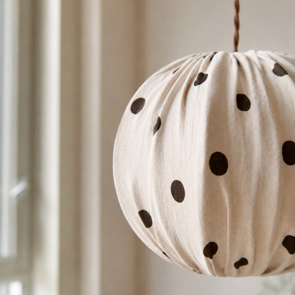 Close view of cream fabric pleats and black polka dots