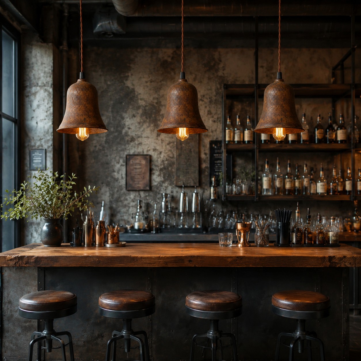 Three rust bell pendant lights in an industrial bar setting