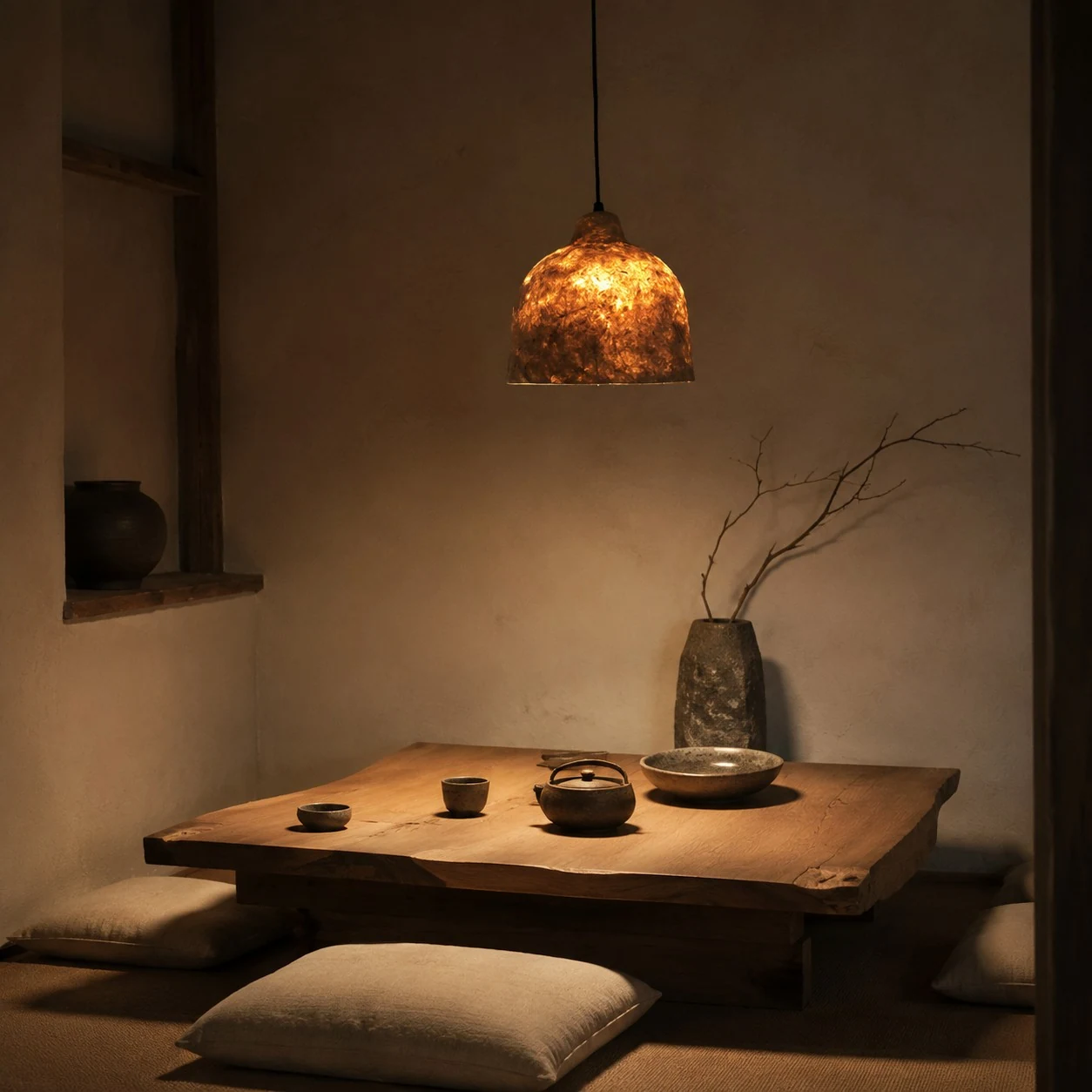Warm paper pendant light installed above a low table setting