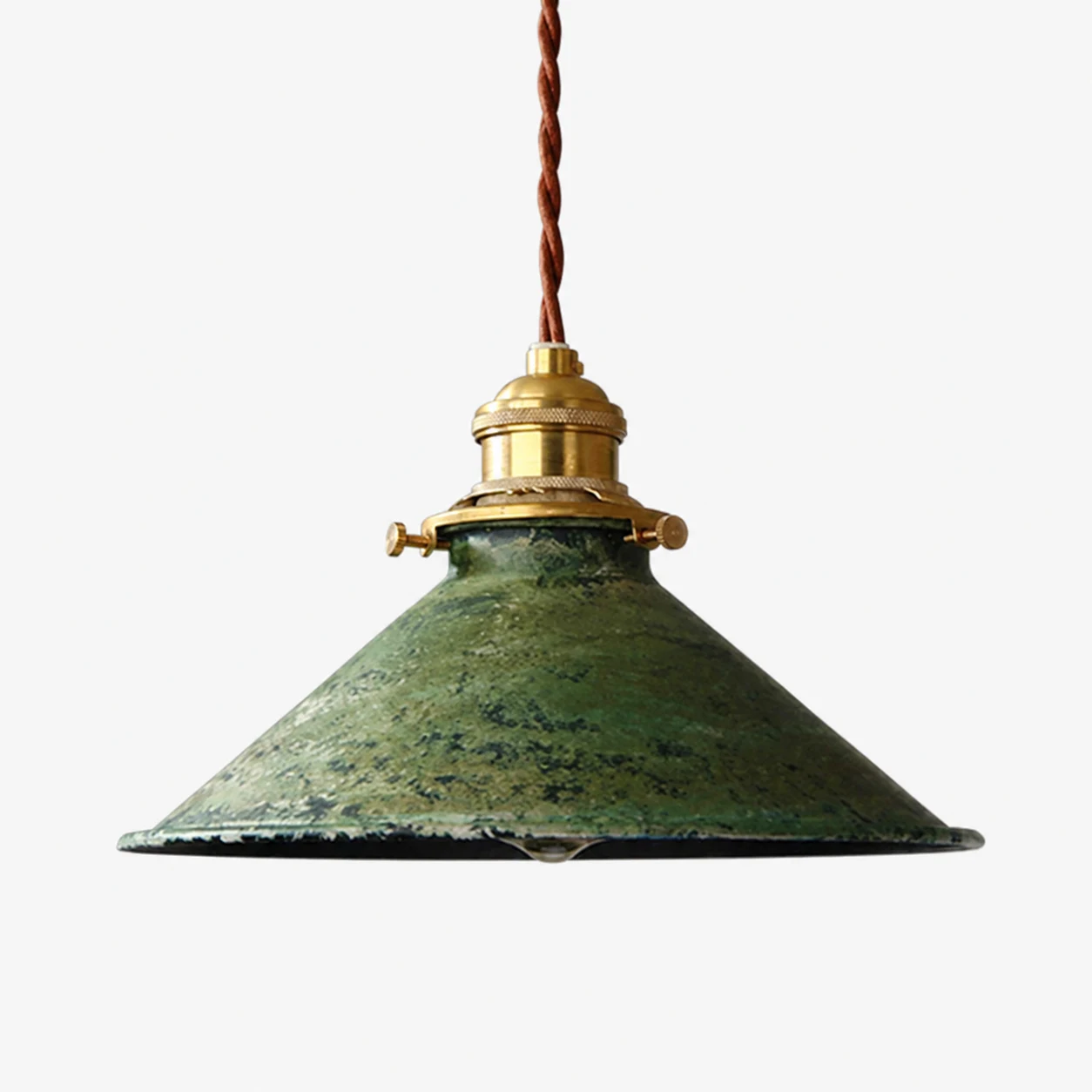 Distressed green cone pendant lamp on white background
