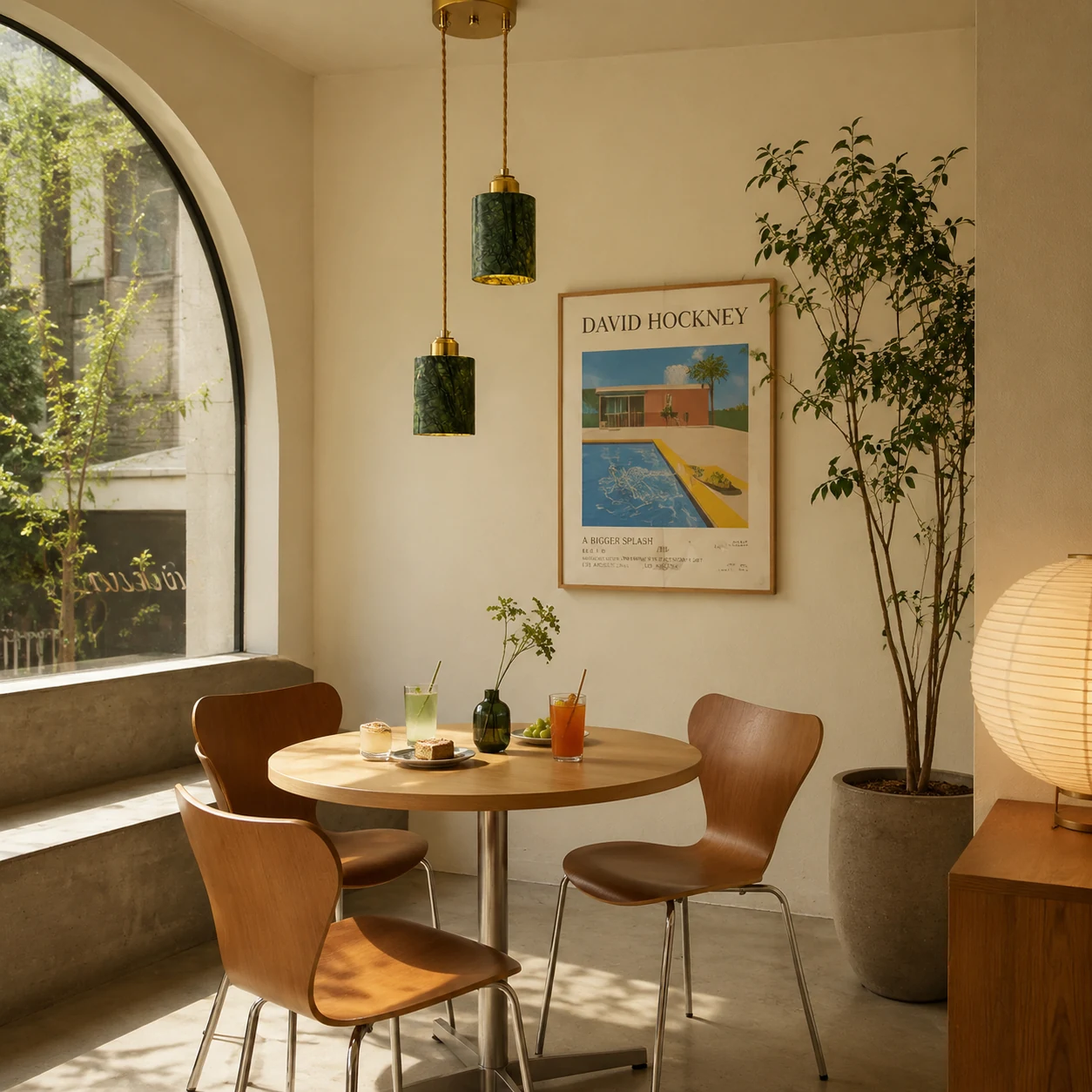 Two green jade cylinder pendant lights installed above a small dining table by an arched window