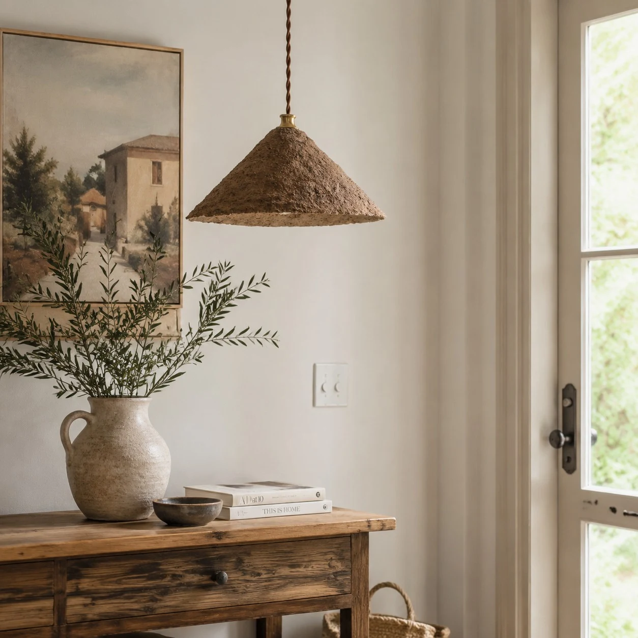 Textured cone pendant light in room setting
