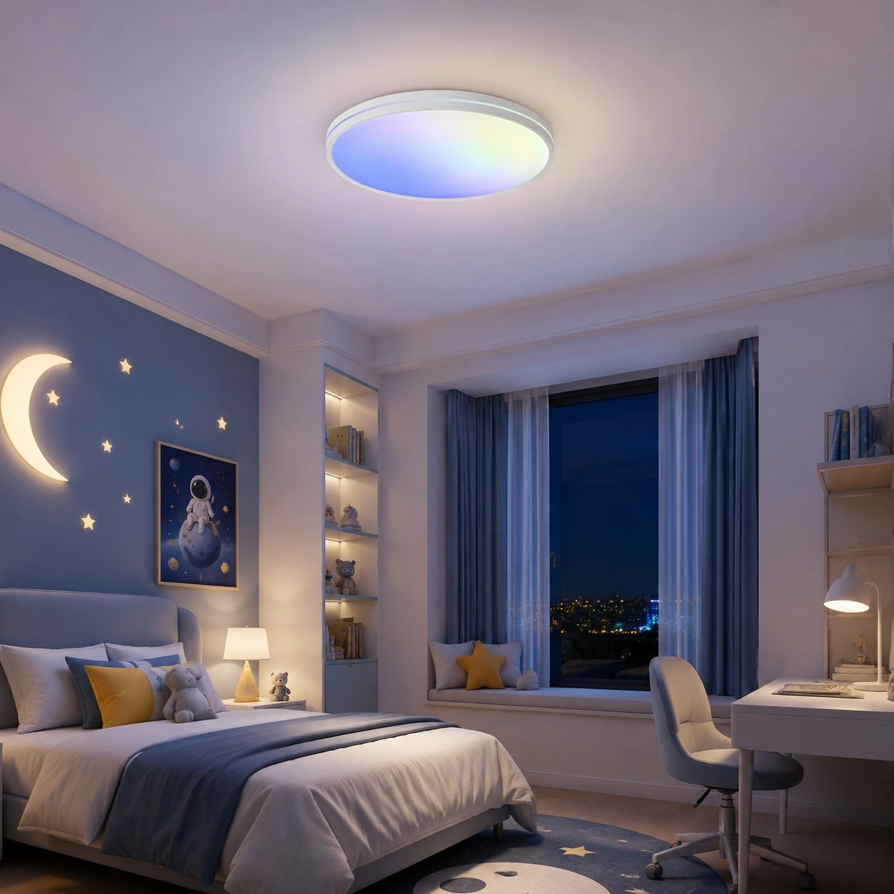 Low profile ceiling lamp above a bedroom study corner