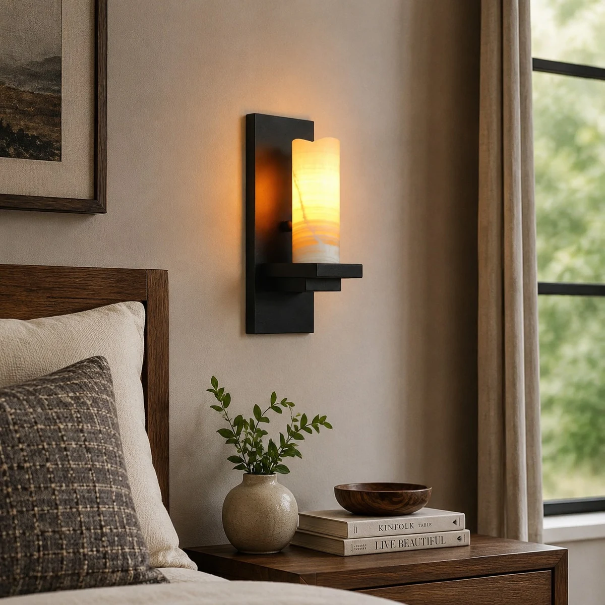 Black metal wall sconce beside a bedroom nightstand