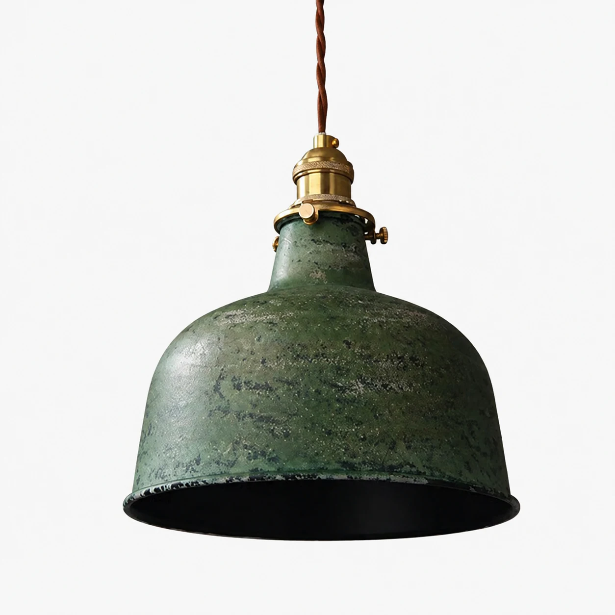 Distressed green rounded dome pendant lamp on white background