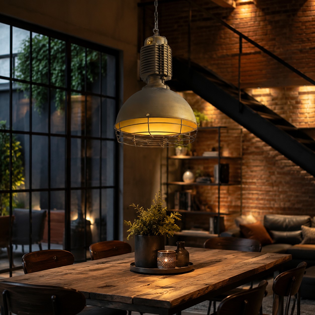 Antique brass cage pendant light in a cafe interior