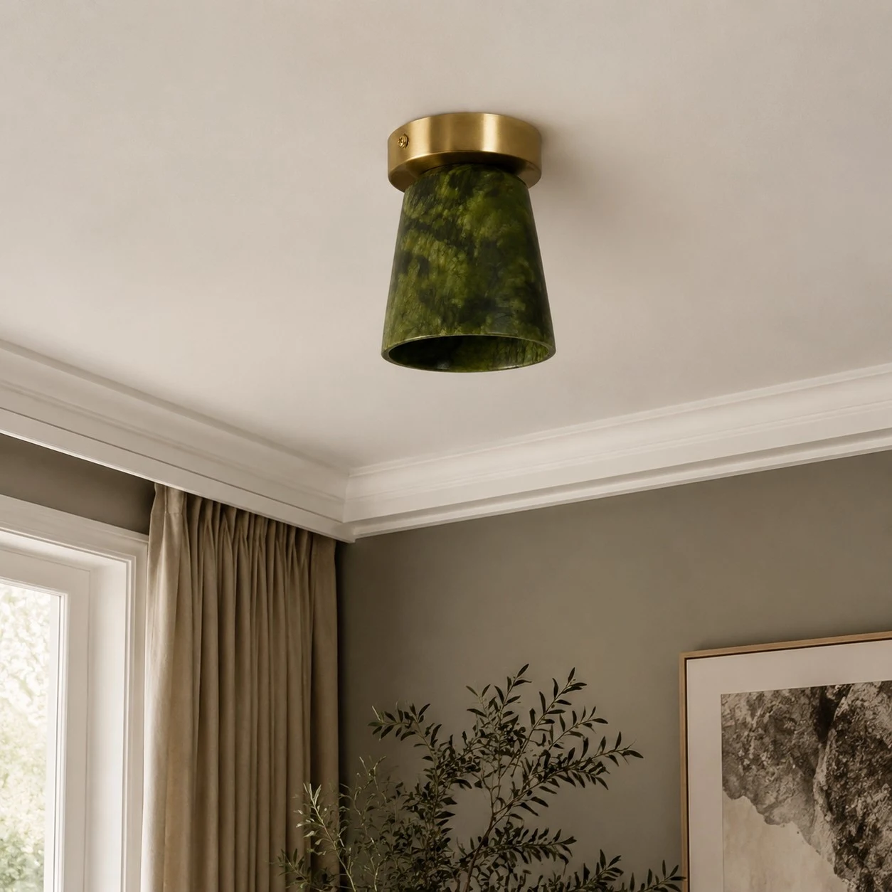 vintage green and gold ceiling light in a corridor scene