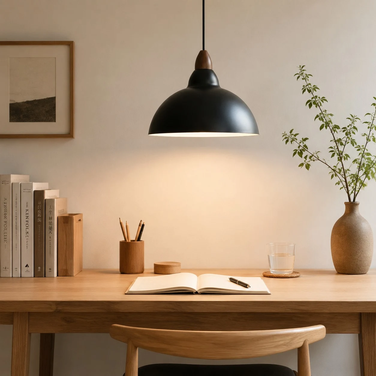 black pendant light above a desk reading area