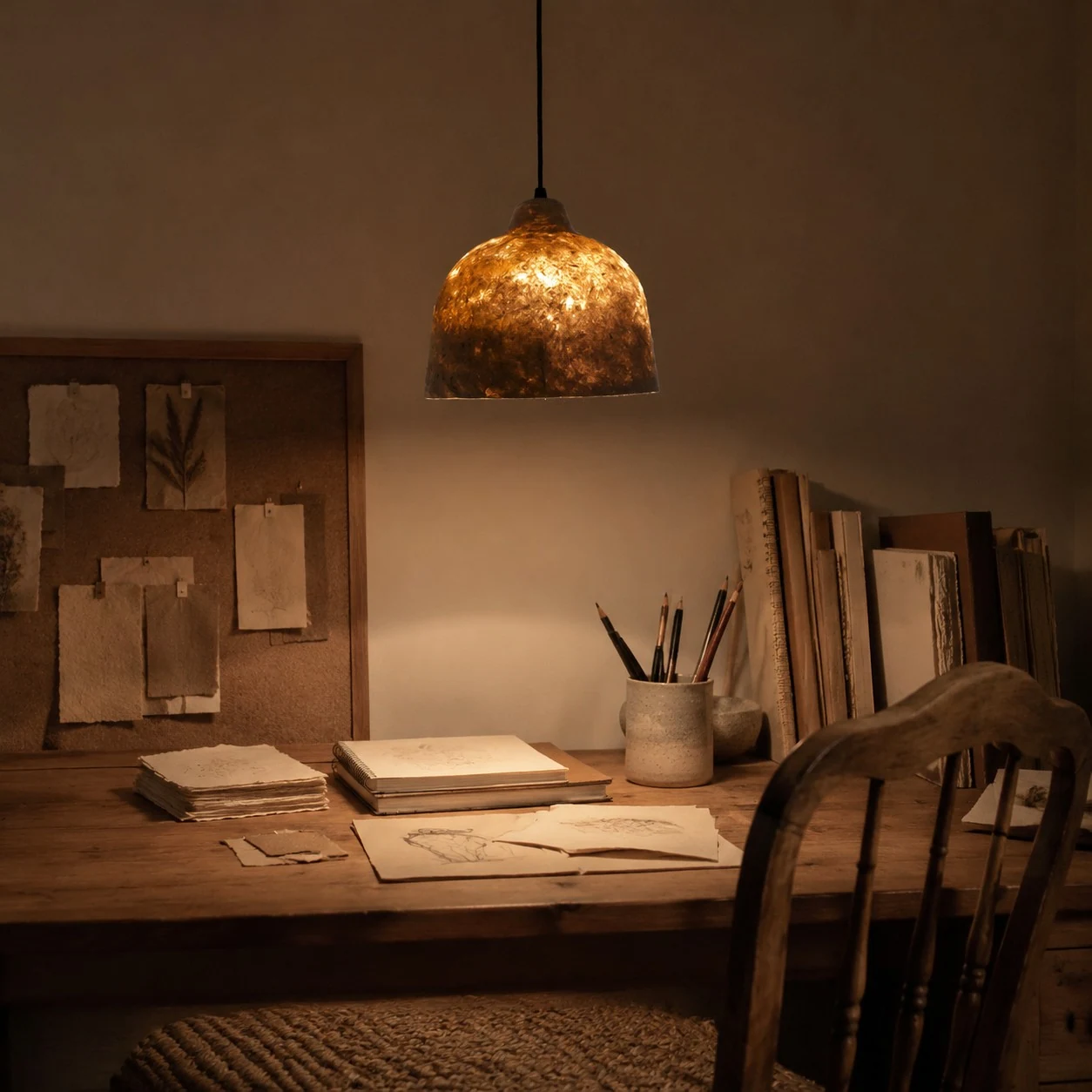Paper pendant light above a warm reading desk