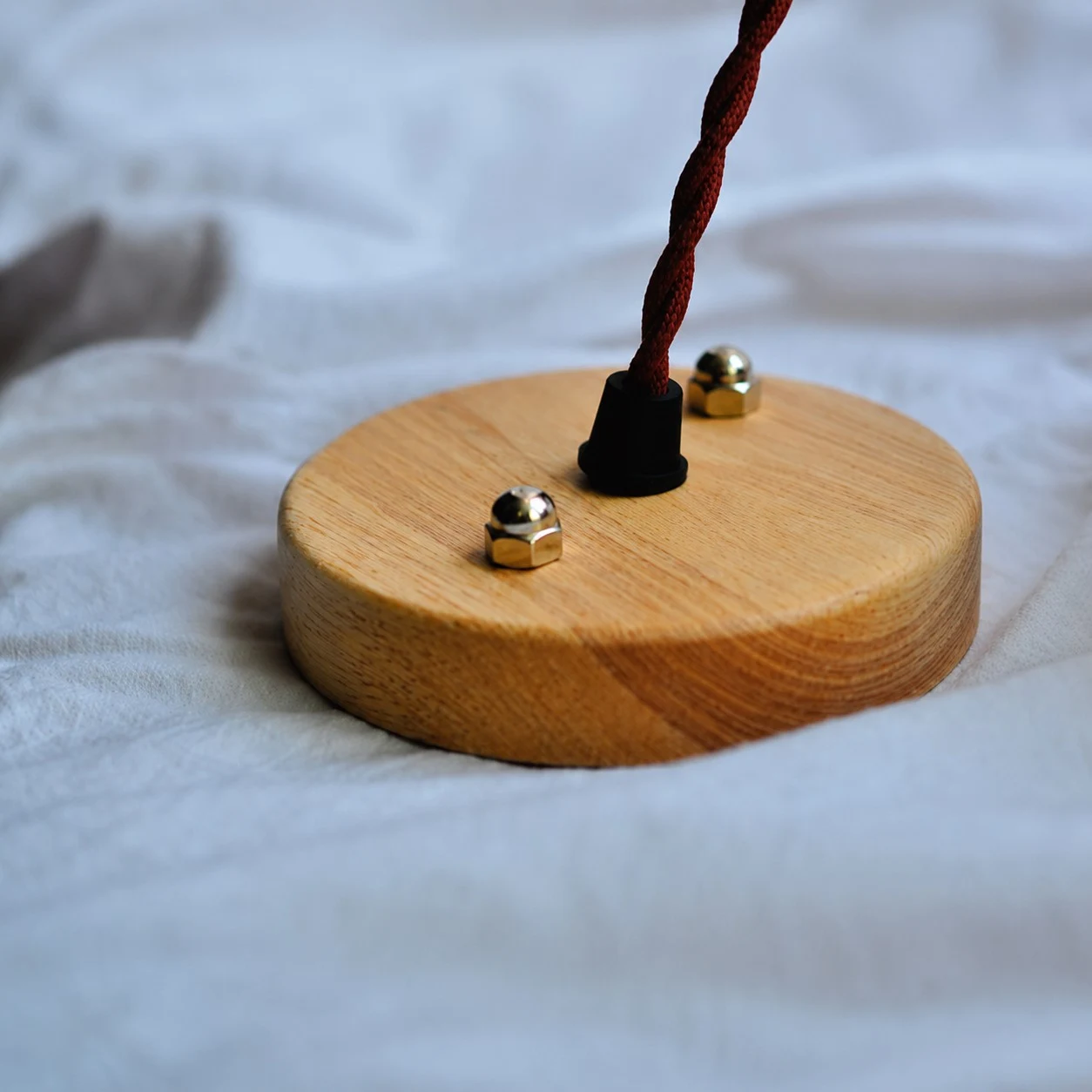 Wood canopy and twisted cord detail for pendant lamp