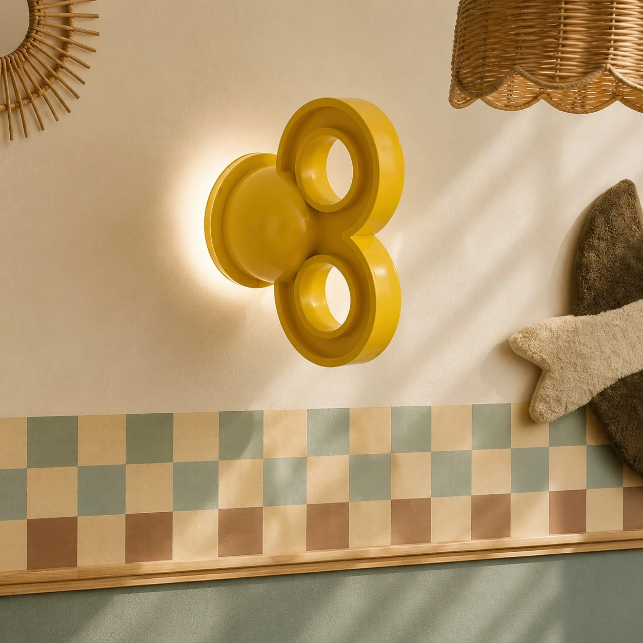Yellow wall light on a patterned warm interior wall
