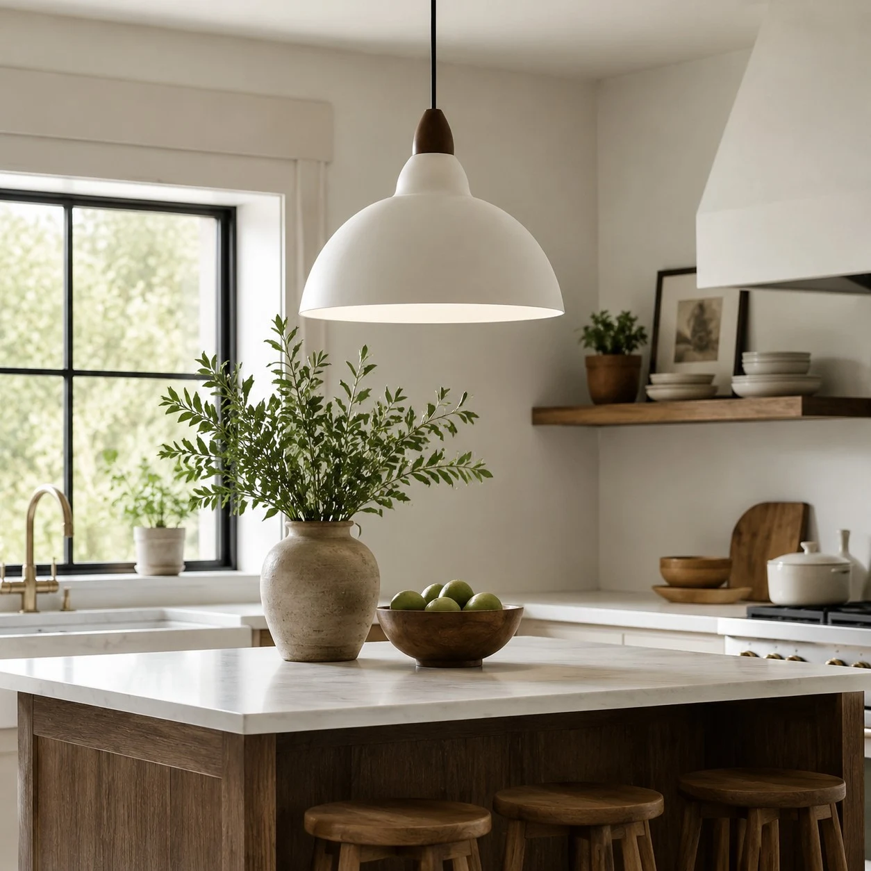 white pendant light installed over a kitchen island