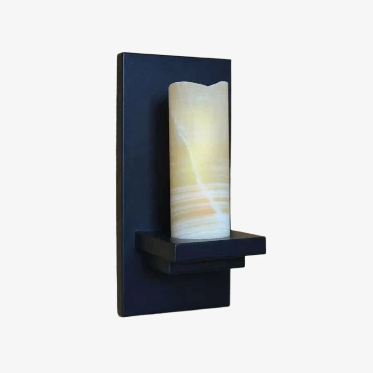 Black wall sconce with cream shade unlit