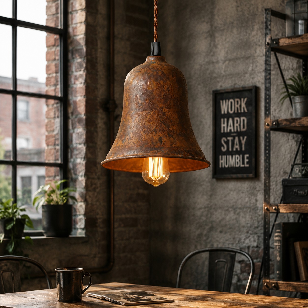 Rust bell pendant light near a brick and metal interior
