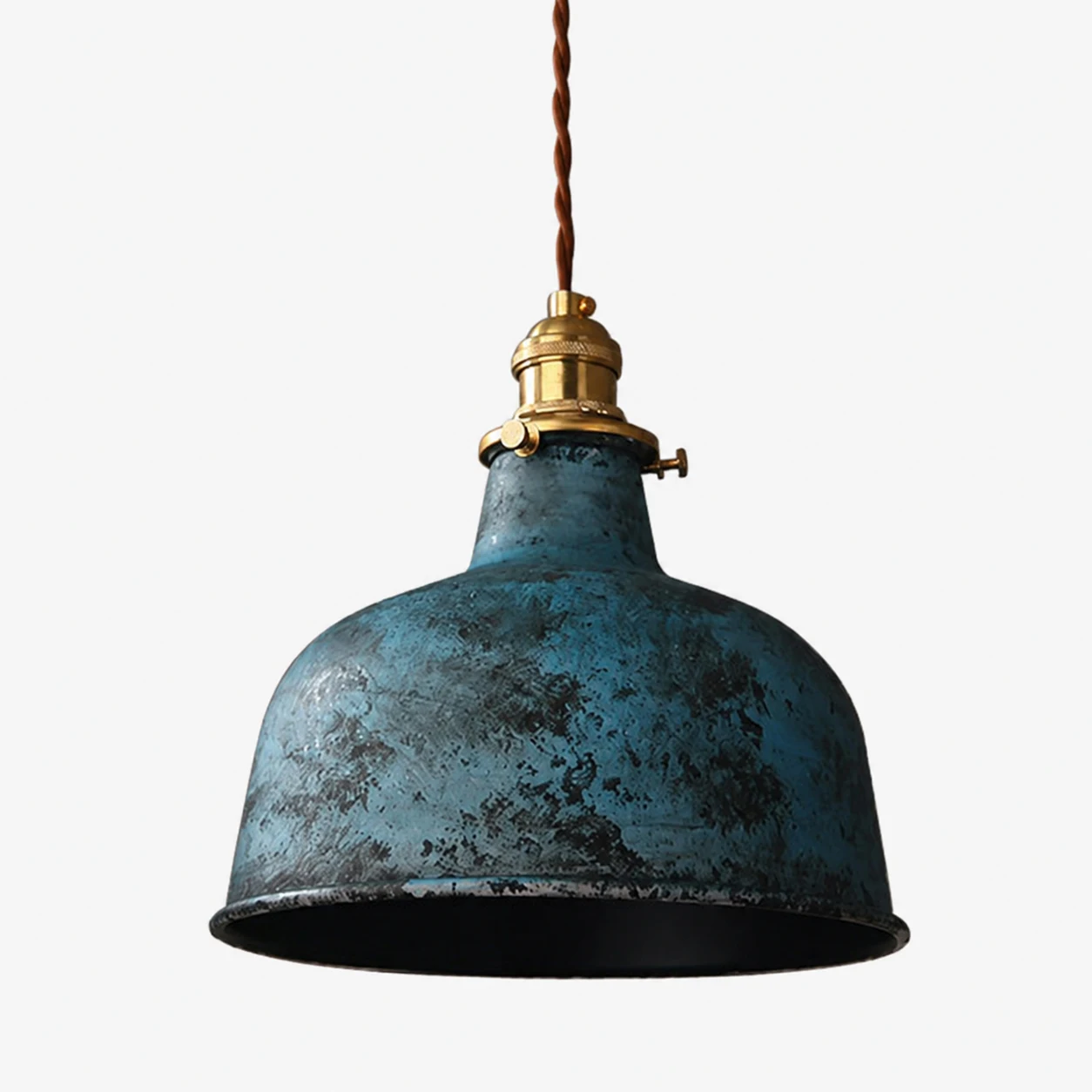Distressed blue rounded dome pendant lamp on white background