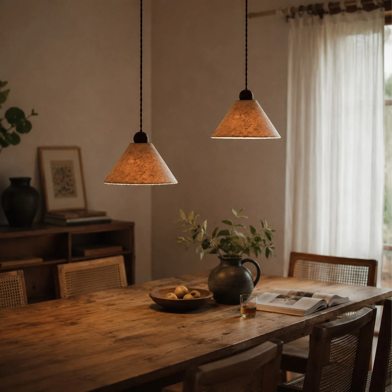 Warm lit natural paper pendant lamps in a dining room