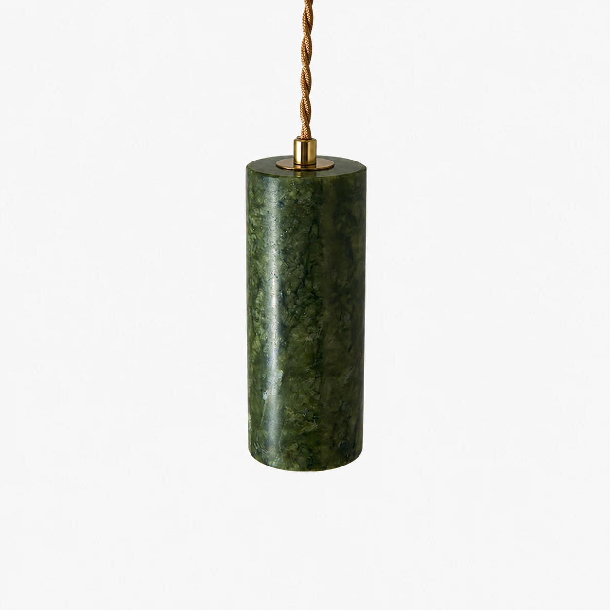 Close product view of the green jade cylinder shade with brass tone top hardware