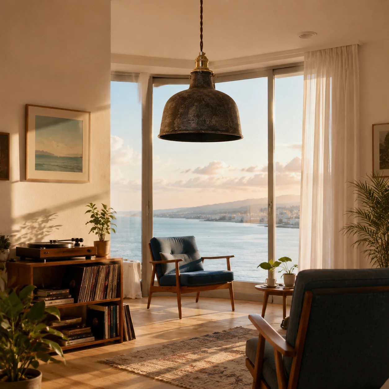 Large dark dome pendant lamp installed in a sunlit living room