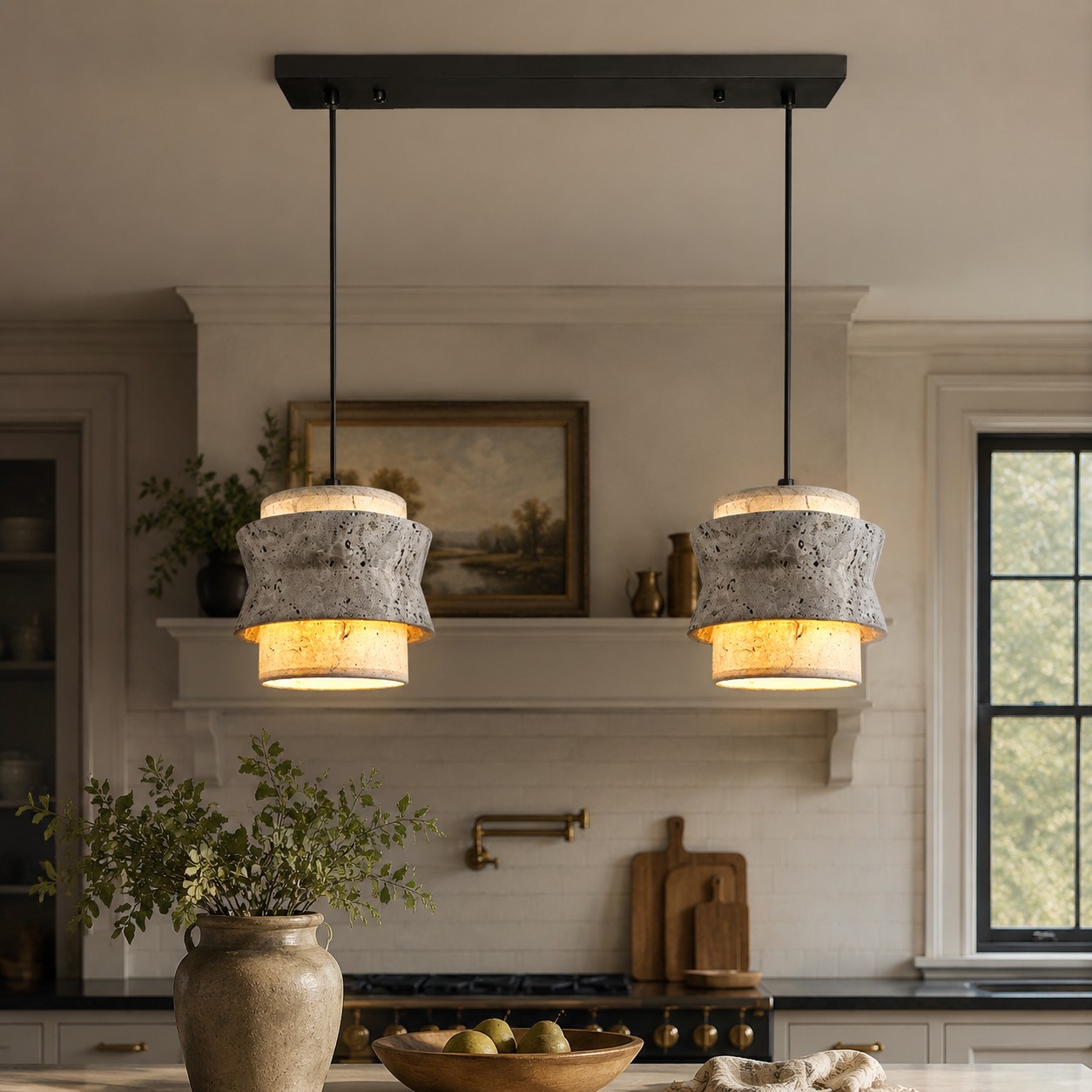 Style B gray travertine stone pendant lights above a kitchen island