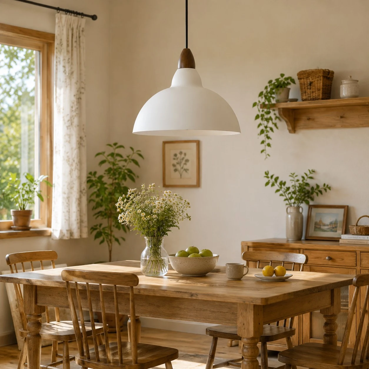 white pendant light over a wood dining table