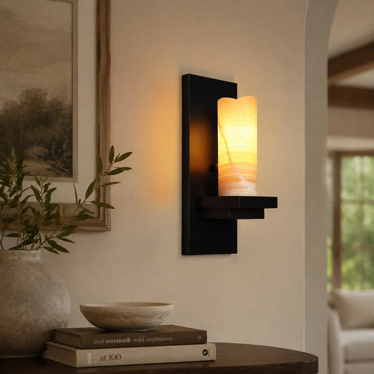Rustic black metal wall sconce in a living room setting