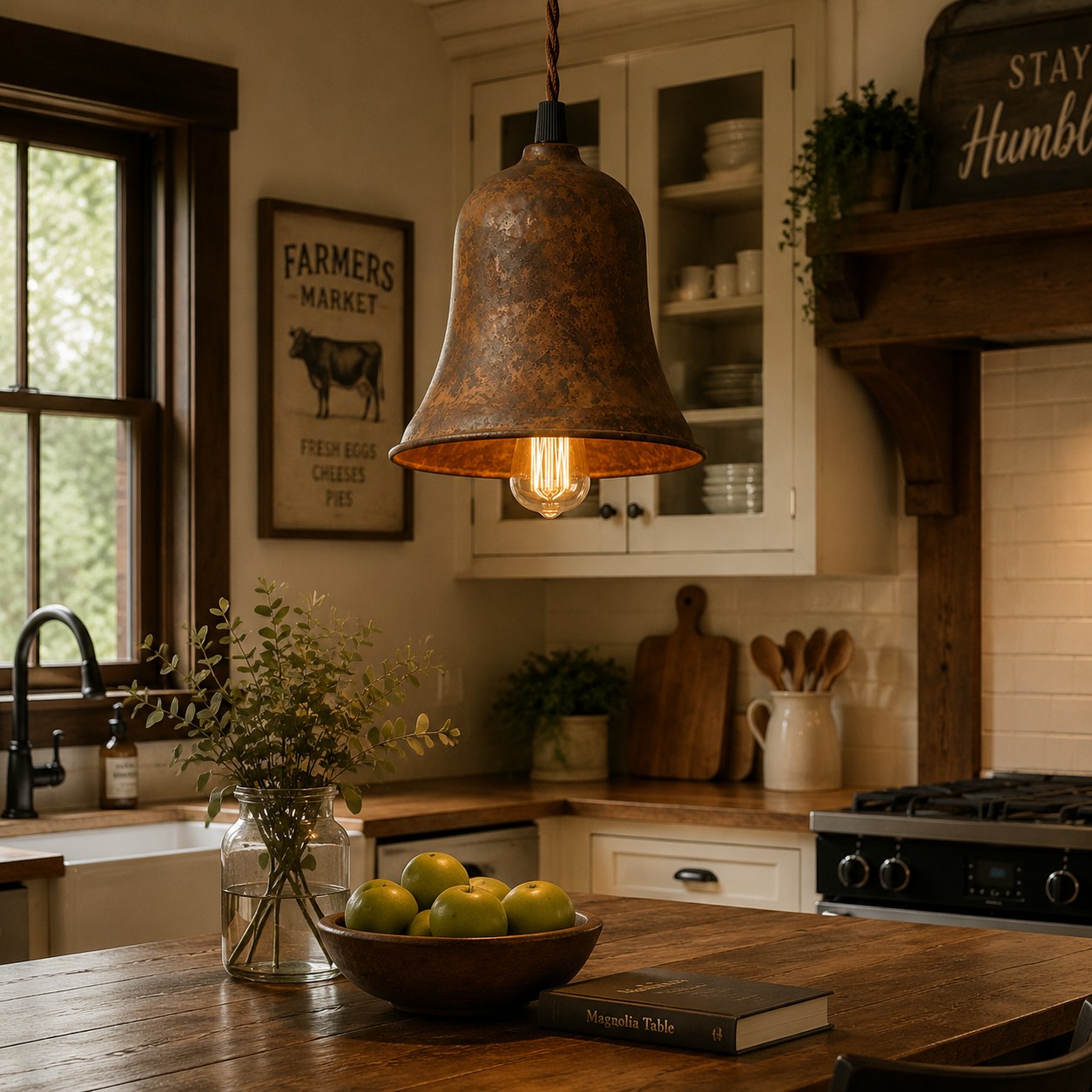 Rust bell pendant light over a warm kitchen island