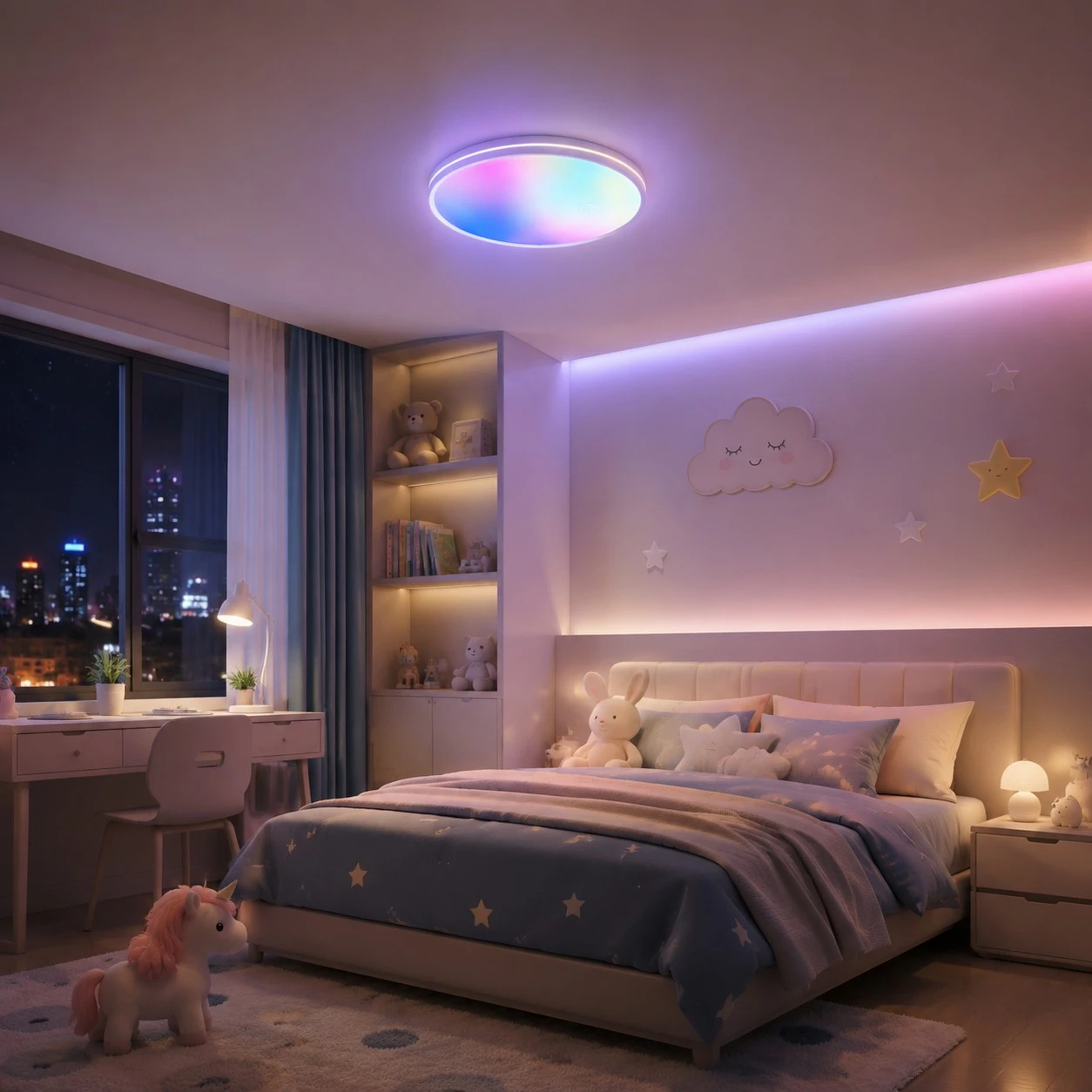 Colorful ceiling light glow in a compact bedroom