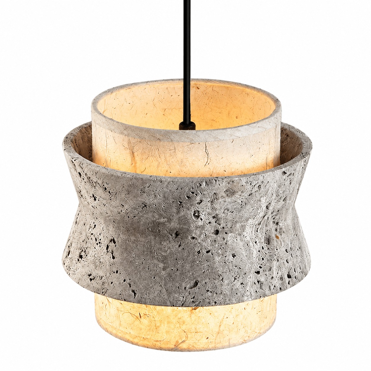 Close-up of flared gray travertine stone pendant profile