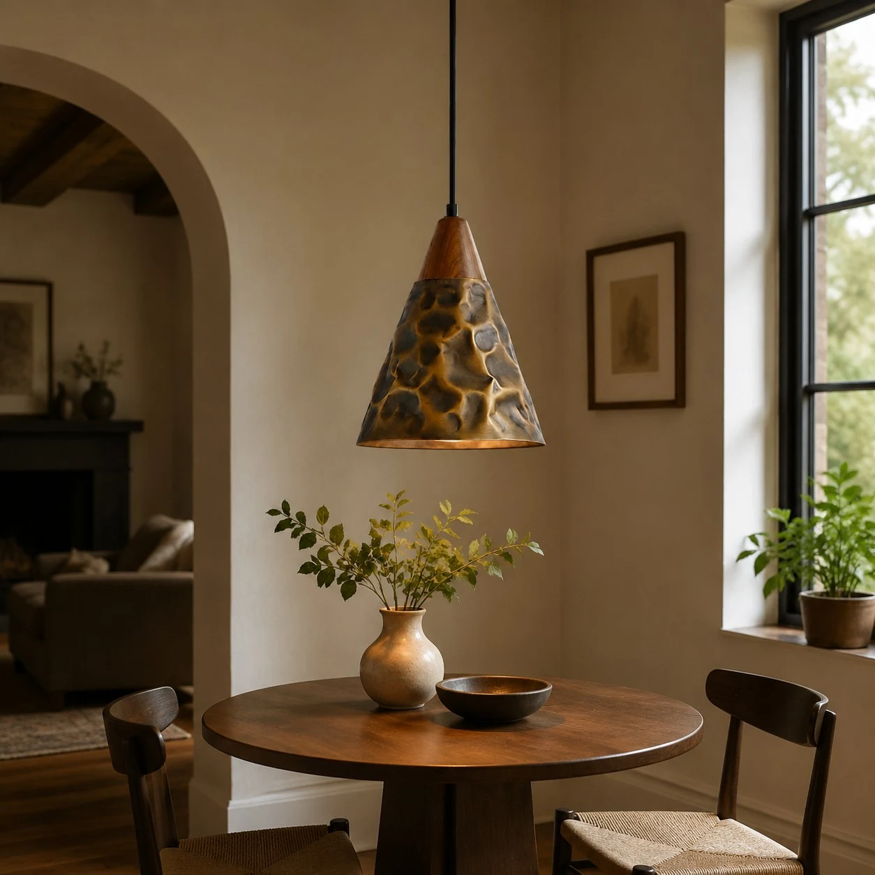 Single hammered copper pendant beside a dining table
