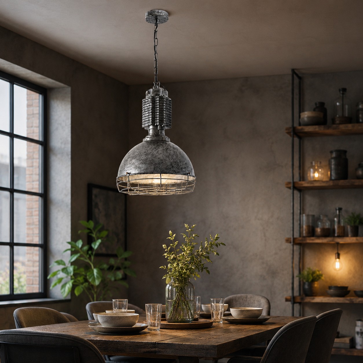 Aged silver cage pendant light in a loft dining room