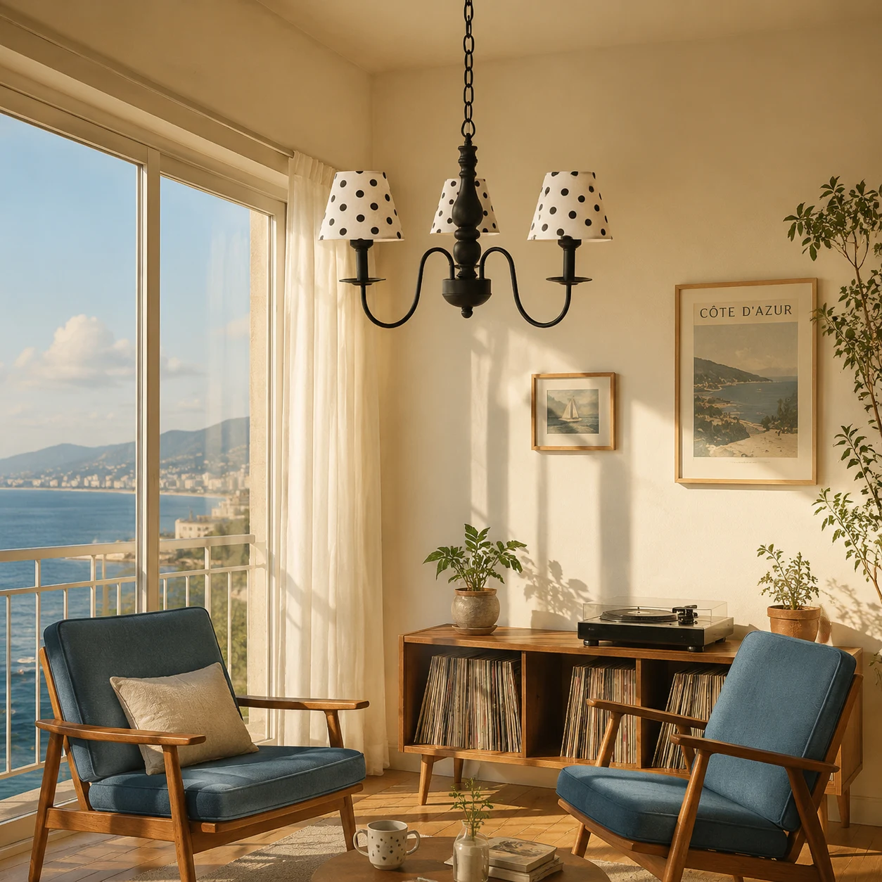 Three-light polka dot chandelier in a sunlit living room
