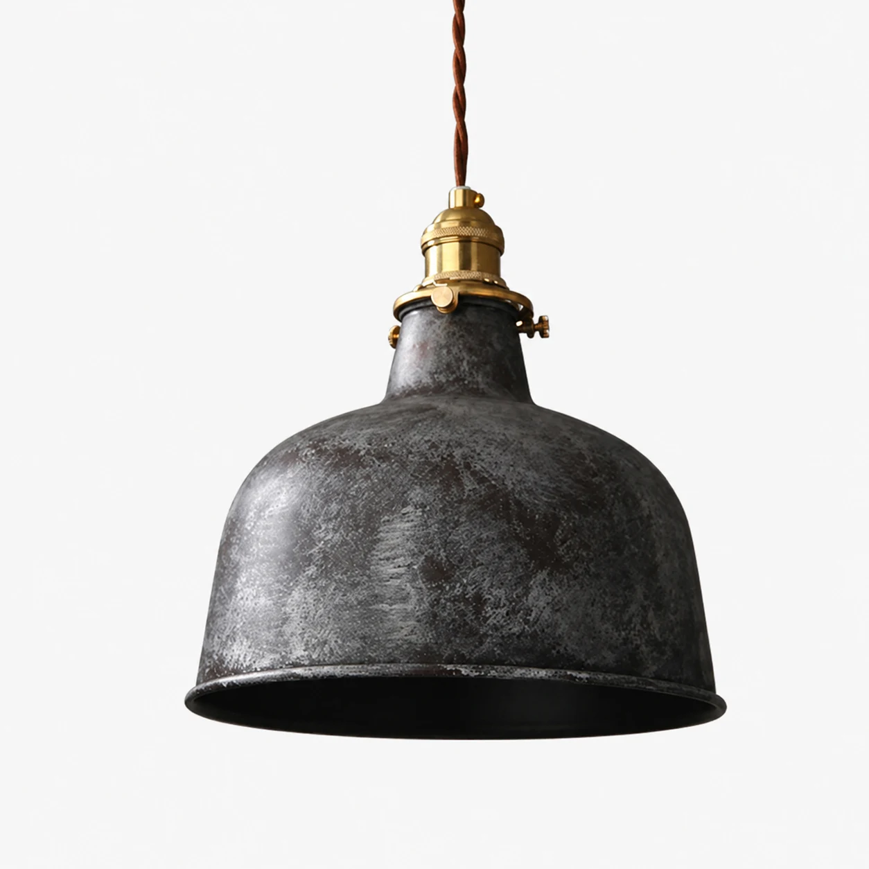 Distressed grey black rounded dome pendant lamp on white background