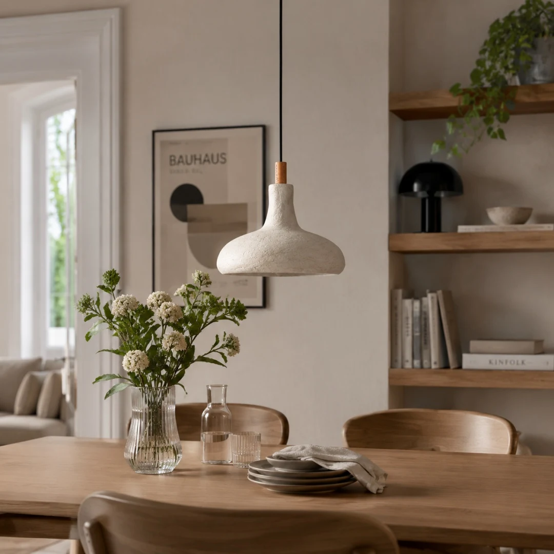 Off-white rice paper pendant lamp above a dining table