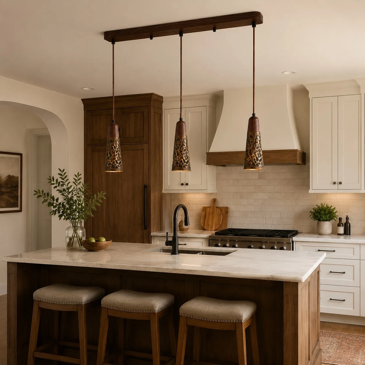 Three hammered copper pendant lights above a kitchen island