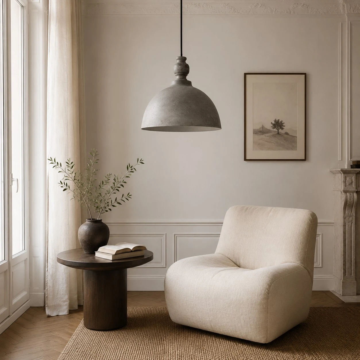 silver pendant light in a quiet lounge corner