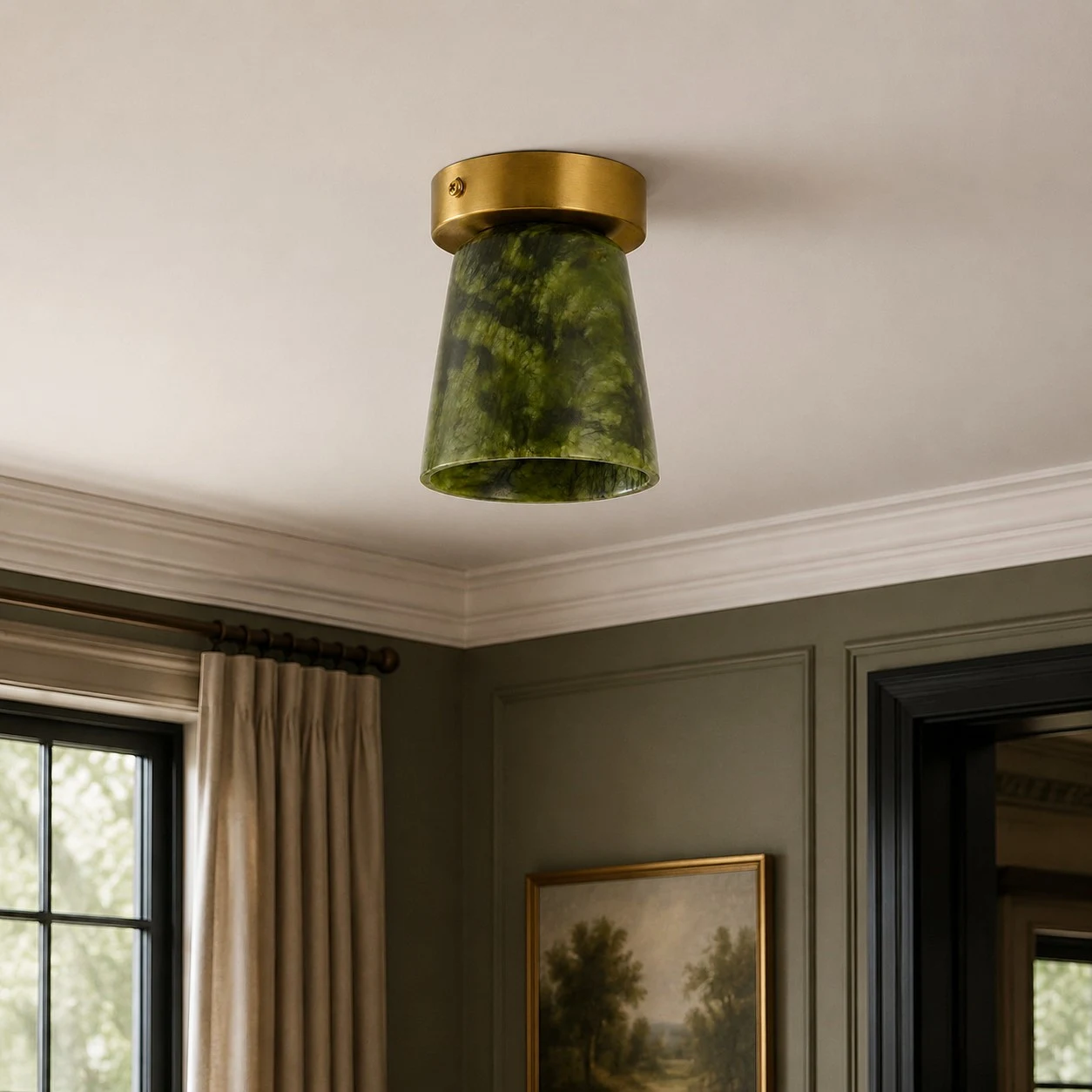 vintage green and gold ceiling light in a powder room scene