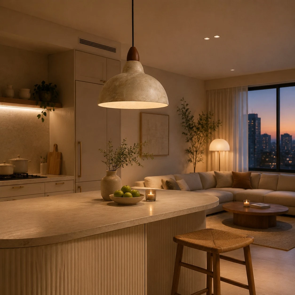 distressed pendant light over an open kitchen and dining area
