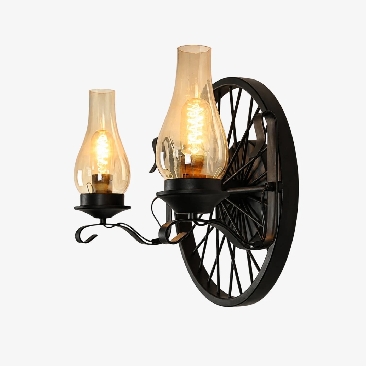 Black wagon wheel wall sconce with two light heads