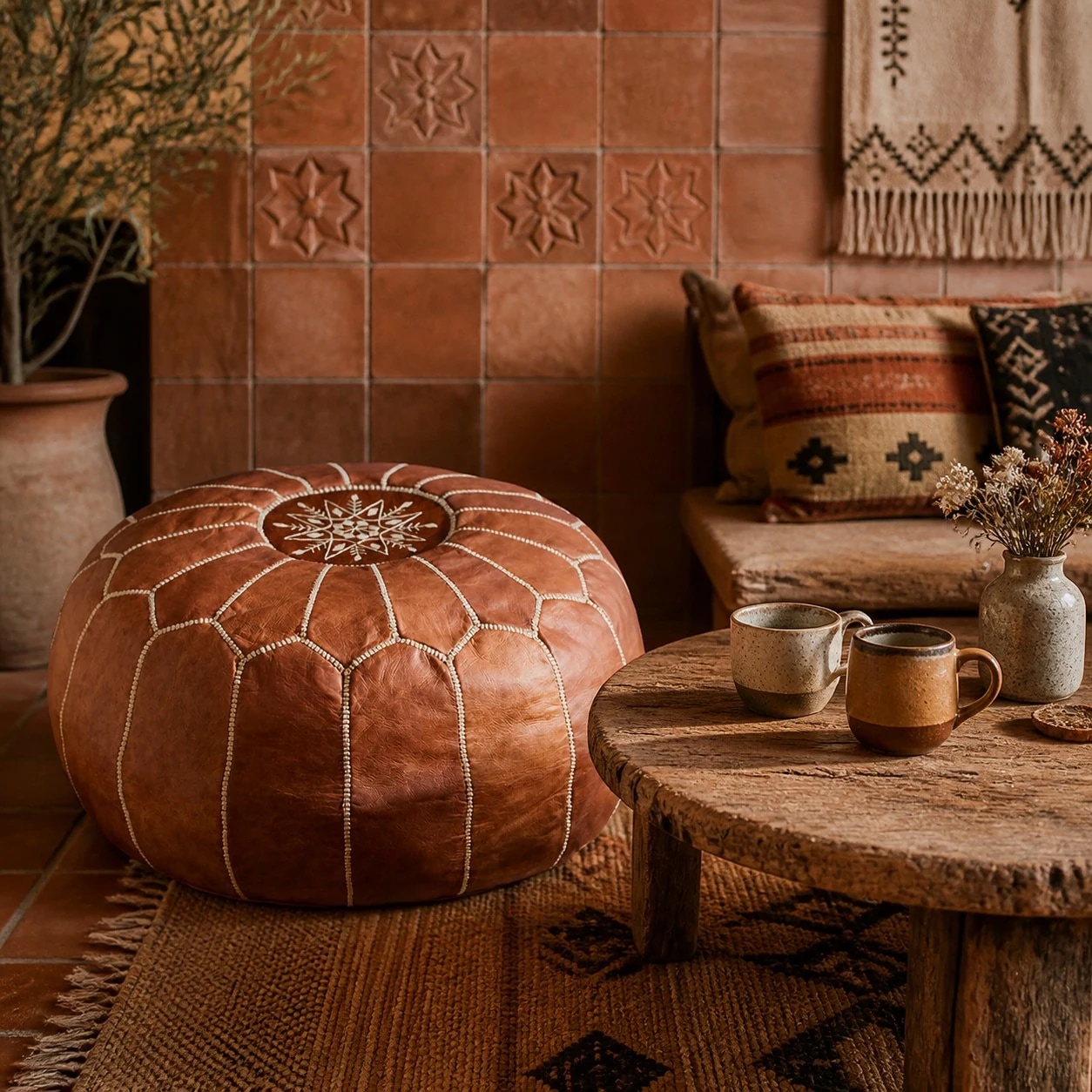 brown Moroccan pouf room scene