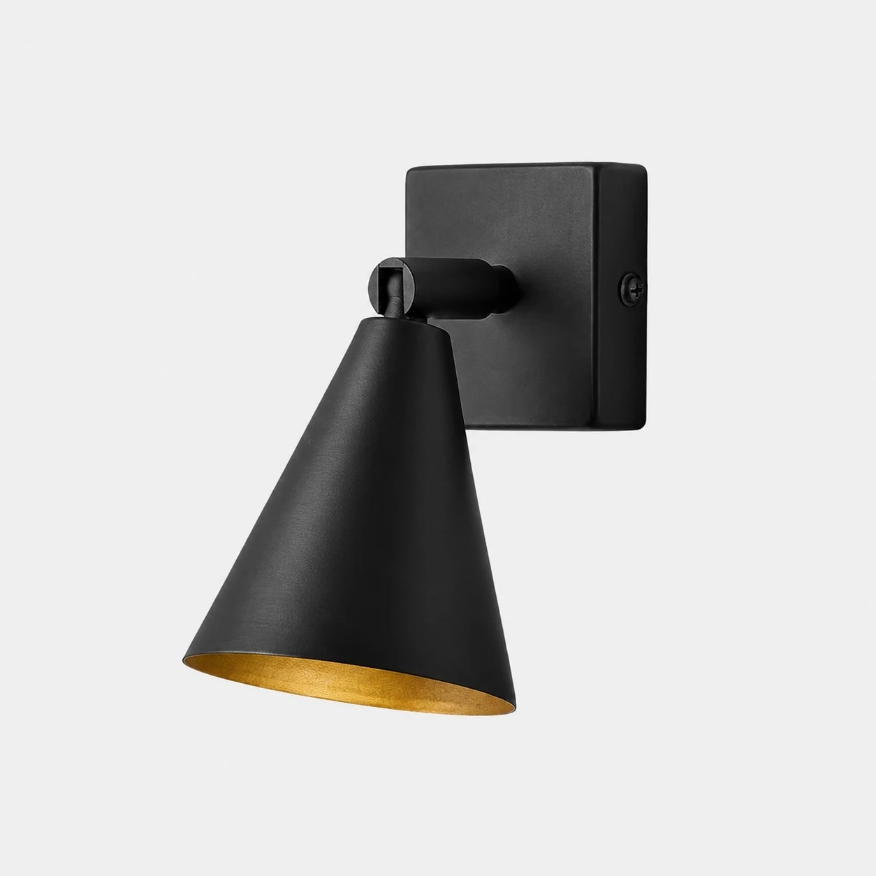 Single-head black adjustable cone wall lamp on square backplate