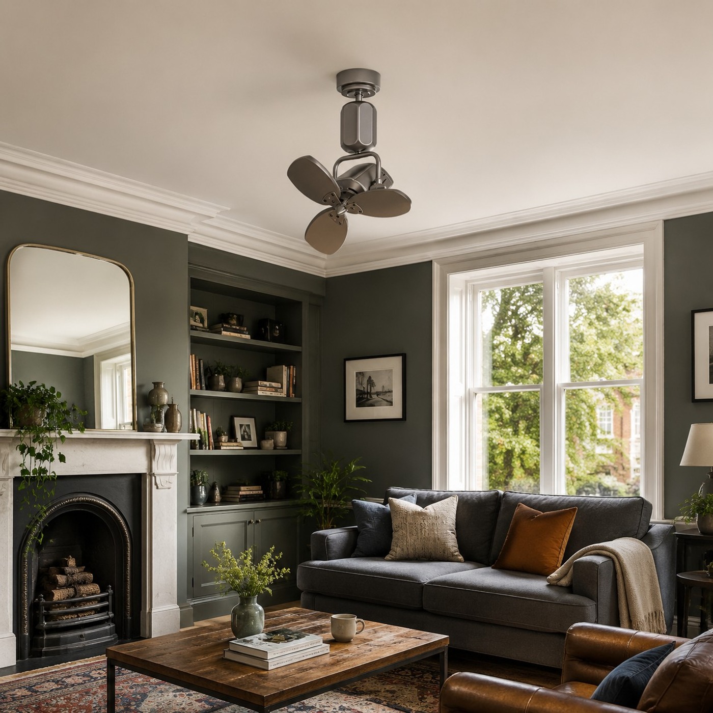Compact ceiling fan in a green living room with sofa and fireplace