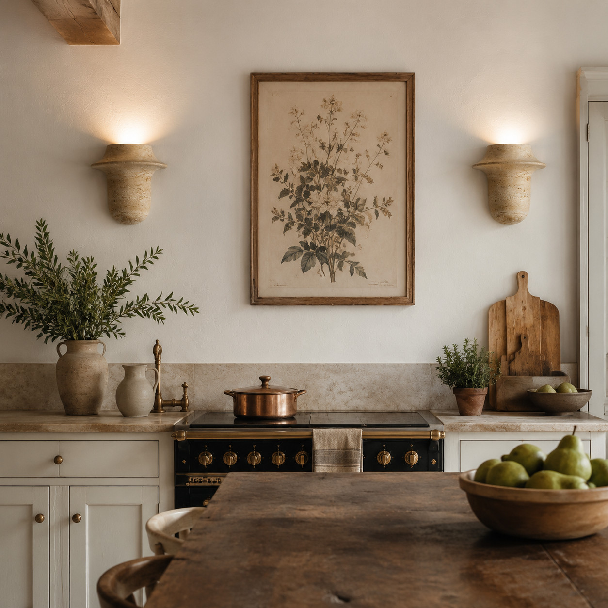 Travertine wall sconces adding warm light to a rustic kitchen and dining wall